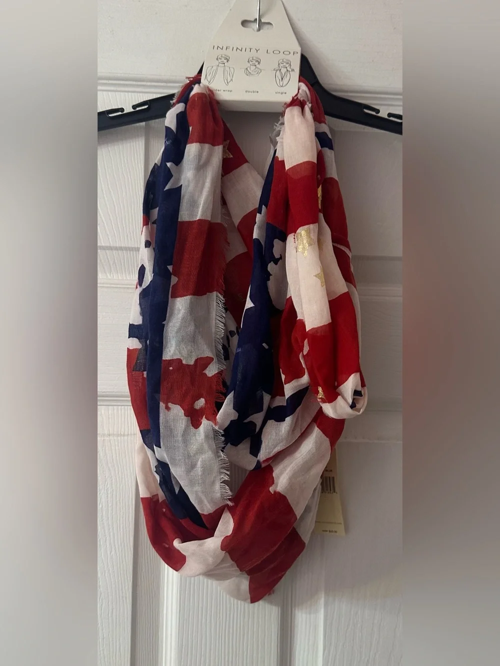 Collection Eighteen Patriotic Infinity Loop Scarf Red White Blue Gold Stars NWT
